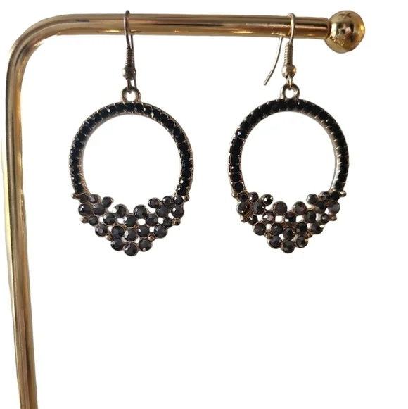 Hematite and markasite hoop dangle gold earrings