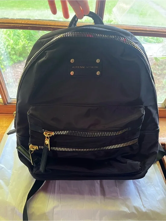 Adrienne Vittadini Black Nylon Backpack with Gold Hardware