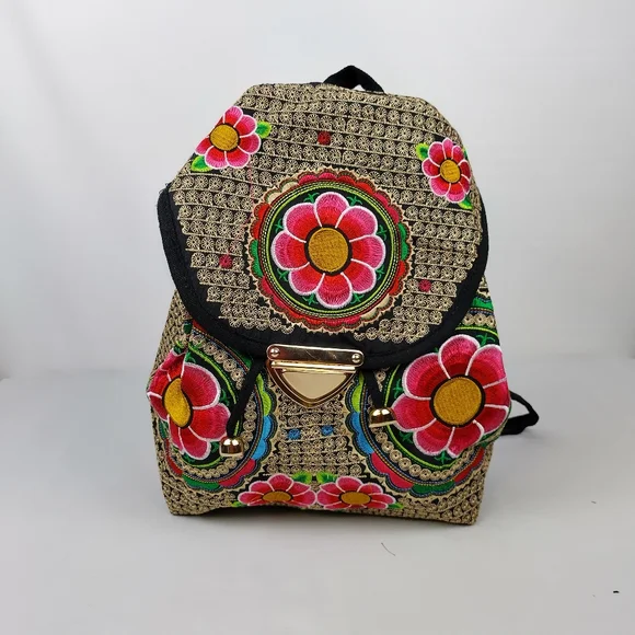 Embroidered mexican‎ floral multicolor handmade bagpack 100%mexican art dew