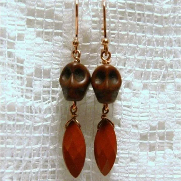 Handmade Brown Howlite Skulls & Faceted Jasper Gemstone Dangle Earrings