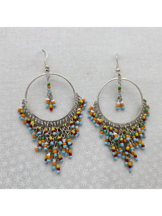 Beaded Hoop Chandelier Earrings With Multicolor Beads & Silver-Tone Metal BOBO