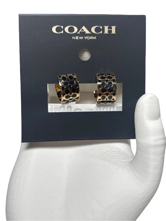 COACH Gold-Tone Hoop Earrings with Black Signature Pattern NWT comes w/ Dusty