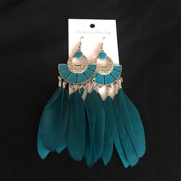 Native Style Teal Blue Green Feather Hook Dangle Earrings