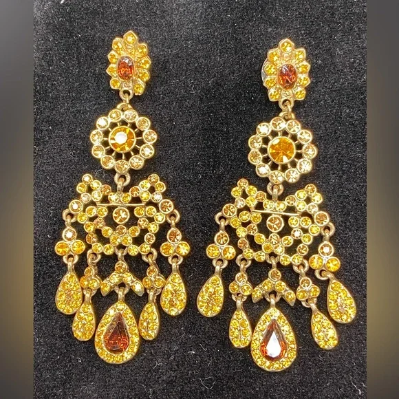 Chandelier Rhinestone Earrings Pierced Honey Topaz Color