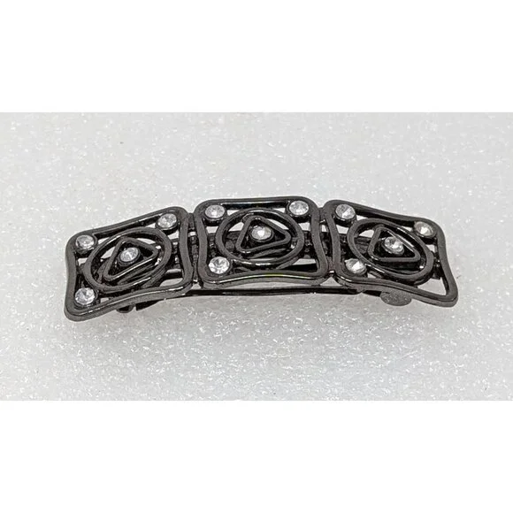 Vintage Metal Hair Clip With White Rhinestones 3 1/8
