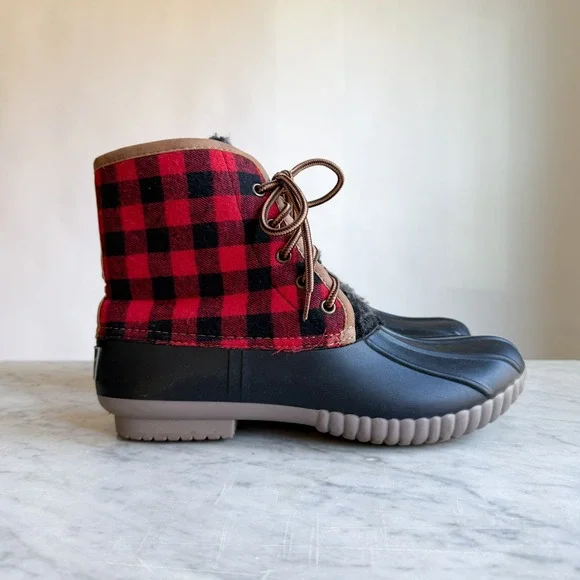Simply Southern Womens Buffalo Plaid Duck‎ Boots Red Black Lace Up Size 9
