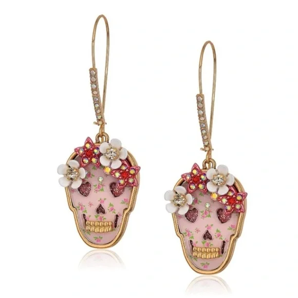 Betsey Johnson Sugar Skull Drop Earrings Rhinestone Floral NWT