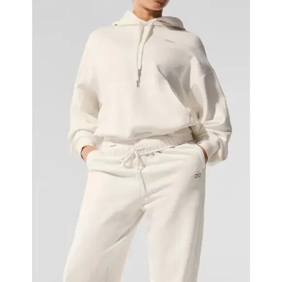 Alo Yoga Accolade Hoodie & Sweatpant Set Bone Ivory Drawstring Size Medium