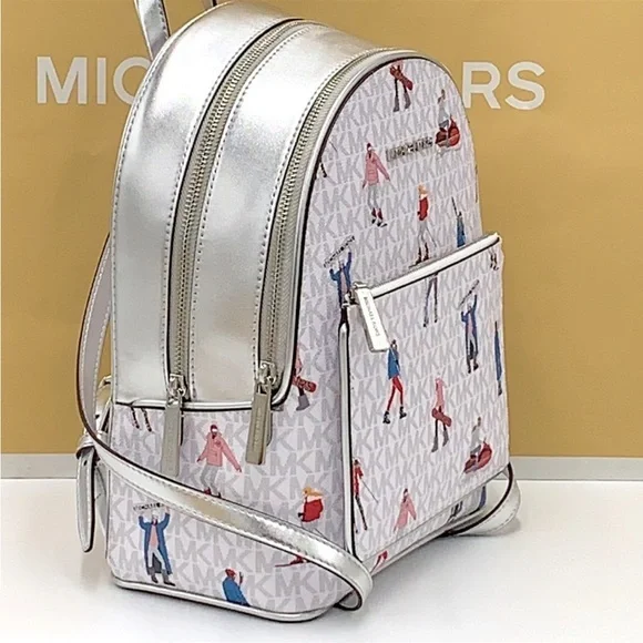 Michael Kors Jet Set Girls Adina Medium Backpack MK Bright White Silver Multi