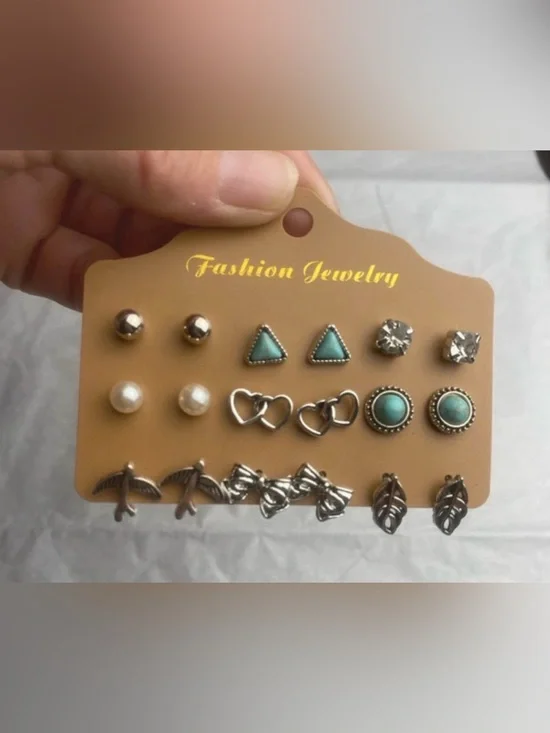 Fashion Jewelry Turquoise, Pearl & Silver Accent 9-Pair boho Earring Set NEW