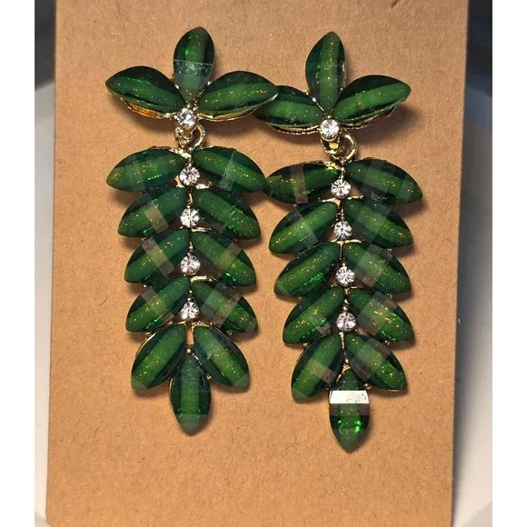 Green Leaf Drop Earrings Emerald Tone Crystal Statement Dangle Botanical Jewelry