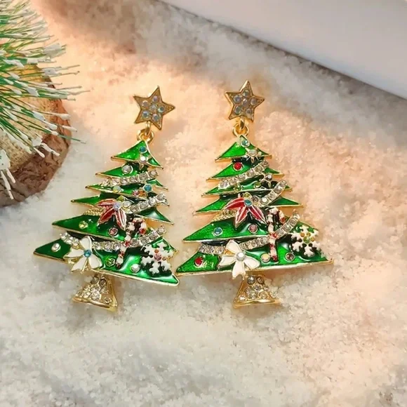 Sparkly Christmas Tree Earrings. Holiday Festive Jewelry Gift for Her 🎁