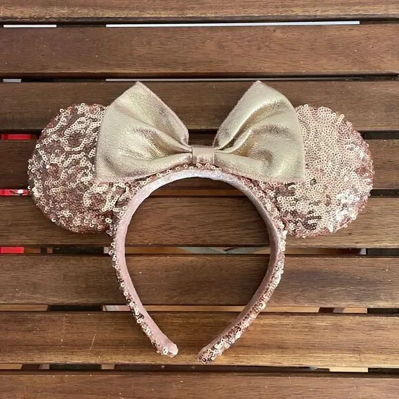 Disney Park Pink Sequin Mickey Minnie Mouse Ears Headband with Bow