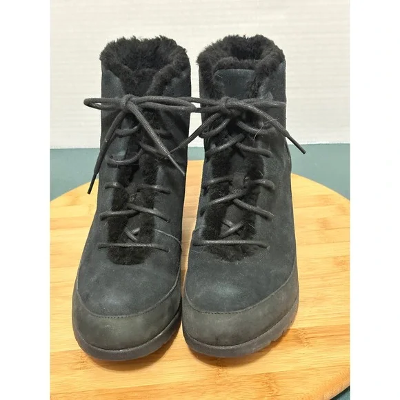 UGG Lakesider Zip Puff Black Waterproof Suede Wedge Boots 1103822 Womens‎ 10