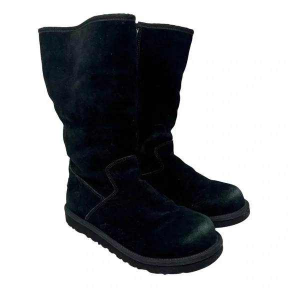 UGG Black Suede Zip Sunshine Tall Boots Sz 6 Shearling‎ Winter Snow Classic 90s
