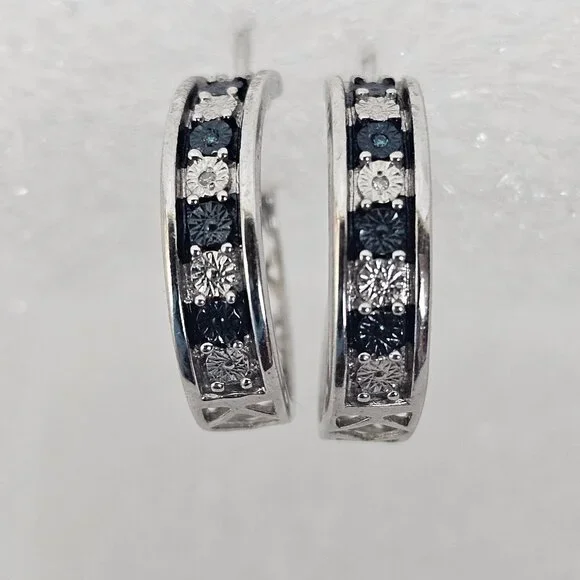 JWBR Sterling Silver 925 Genuine Blue White Diamond Accent‎ Small Hoop Earrings
