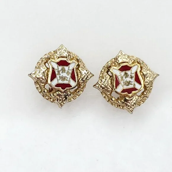 Vintage Coro Earrings Enamel Crest Shield Clip On Gold Tone Red Old Money Regal