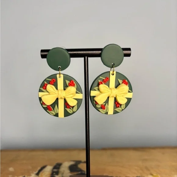 Christmas Bow / Holly Stud Earrings Polymer Clay