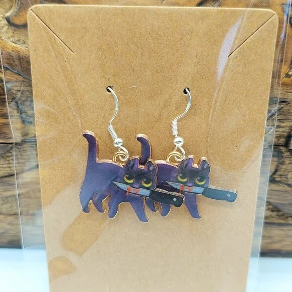 Naughty Cat Earrings Halloween Horror Purple Kitty
