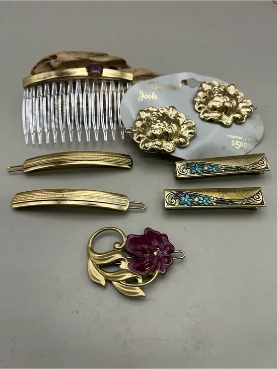 Vintage Gold Hair Lot 7 Pc Barrettes Hair Comb Rose Enamel Flower 80sRetro