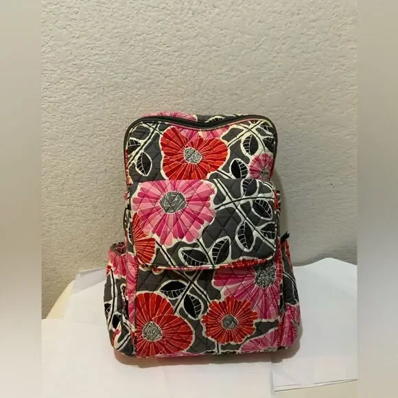 VERA BRADLEY Quilted Floral Backpack, Red/Black/Pink, 13”w x 16”h x 8”d