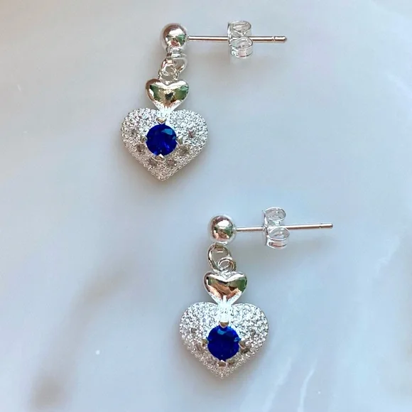 Silver Heart Drop Earrings with Blue Crystal Accent