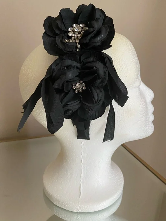 NWOT Handmade Black Floral Rhinestone Turban Headband