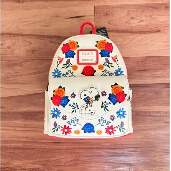 Loungefly Peanuts Snoopy‎ Floral Mini Backpack Cream Coral NWT