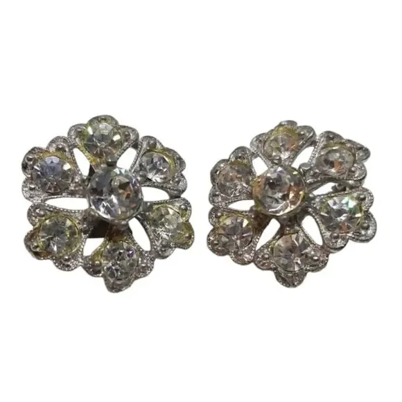 Bogoff Clip Earrings Rhinestone Flowers Petals Vintage