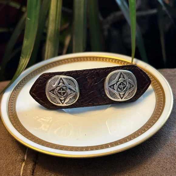 Vintage Brown Leather & Silver Metal Barrette