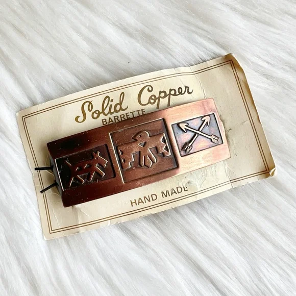 VINTAGE Solid Copper Southwestern Clip Barrette • Thunderbird Arrows Horse NWT