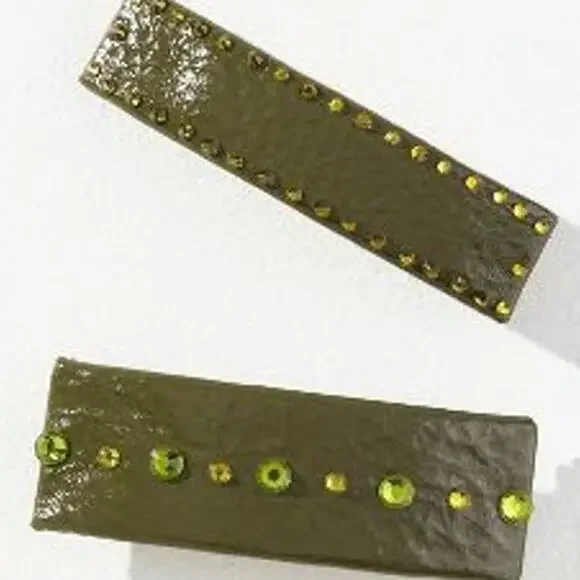 ANTHRO VIOLET & BROOKS NWT Paige Leather Barrettes Crystals Set/2 Olive Green