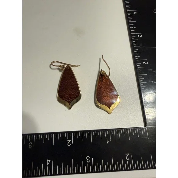 Laurel Burch Petal Enamel Drop Earrings Gold Tone Copper Orange Vintage Signed