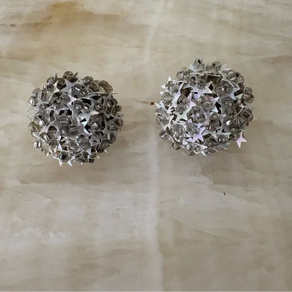 Vintage screw back earrings silver iridescent stars beading celestial