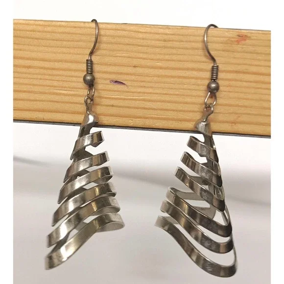 Sculptural Spiral Metal Earrings Vintage Silvertone Tree Like Dangle