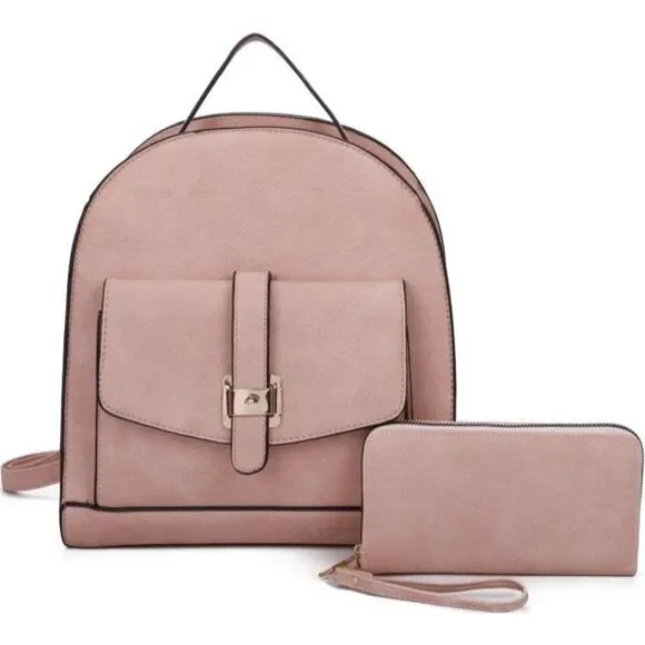 Women's Soft Pink Stylish Backpack & Wallet Set