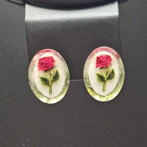 Gem Tone Hand Reverse Carved Lucite Red Rose Screw Back Earrings Germany