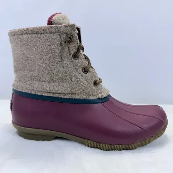 Sperry Saltwater Wool Duck Boots Tan Burgundy Lace Up Womens Size 7.5