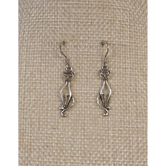 Vintage Suvani Sterling Silver Tall Cat Dangle Earrings