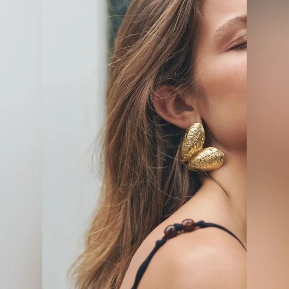 Zara Gold‎ Mussell Heart Earrings Beachy Nautical Boho Bohemian Resortwear Zinc