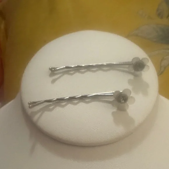 Silver Flower Bobby Pins with Resin Petals and Glass Stone - Women Accessories