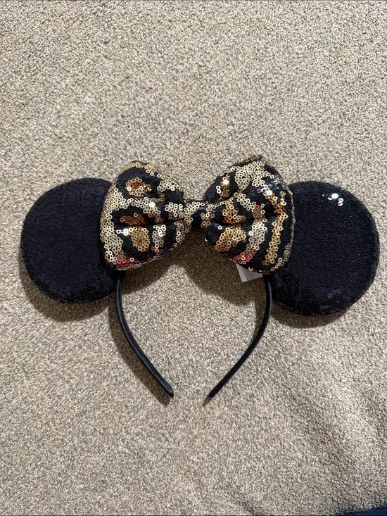Disney Black Sequin Minnie Ears Headband with Gold Leopard Bow