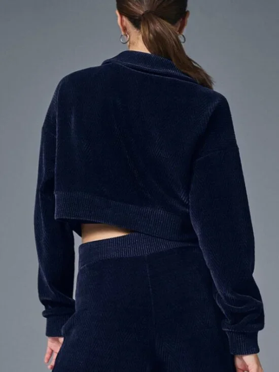 Alo Cropped Cozy Day Henley Pullover Navy V-Neck Velvet Velour Chevron Sweater S