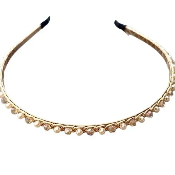 Thin Jeweled Headband with Pearls & Crystals - Dainty Golden Tone