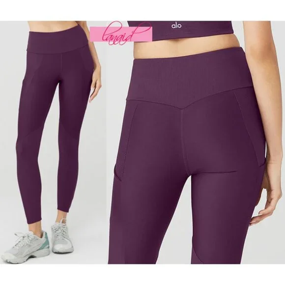 Alo Ribbed Airlift High-Waist 7/8 Enchanted Leggings Dark Plum Purple Hi-Rise S