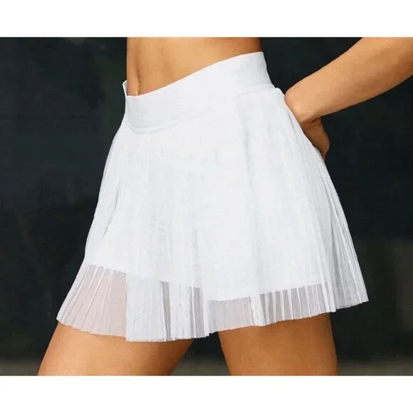 Alo Mesh Flirty Tennis Skirt White Sheer Transparent See-Through Pleated Skort