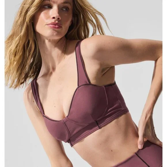 Alo Airlift Redefine Bra Burgundy Truffle Black Padded Sports Bralette Crop Top