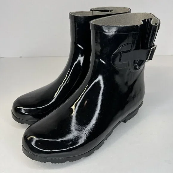Nomad Dew Waterproof Rain Boots Womens Size 8 Silver Buckle Shiny Solid Black