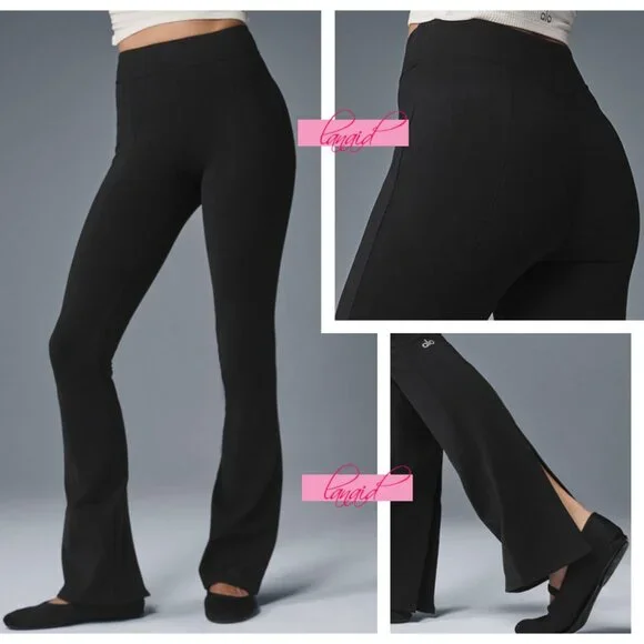 Alo High-Waist Rise Kick-Back Flutter Leggings Black Seamed Back Slit Hem Flare