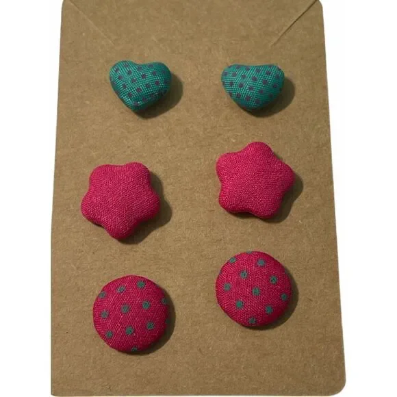 Stud Button Statement Earrings Set‎ Fabric Polka Dot Hearts Stars Pink Teal Blue